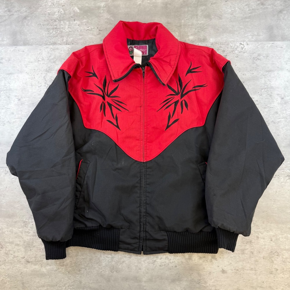 Vintage Cameo Rose Western Bomber Jacket Red Black Embroidered Mens Medium